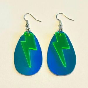 Metallic iridescent blue faux leather Lightning Bolt earrings
